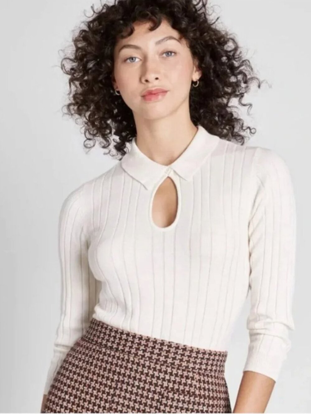 MODCLOTH TWEE Keyhole To My Heart Ribbed Knit 3/4 Sleeve Sweater Cream Large